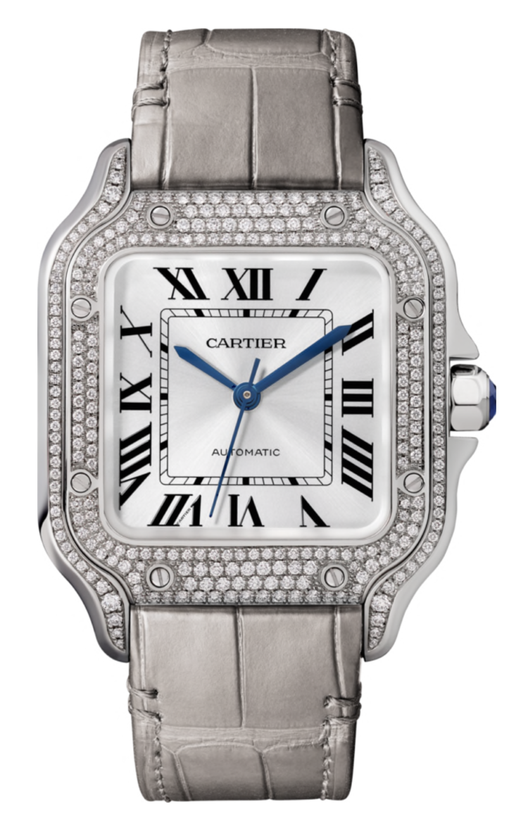 Cartier Santos Medium White Gold Diamond Grey Alligator Ladies Watch photo 1