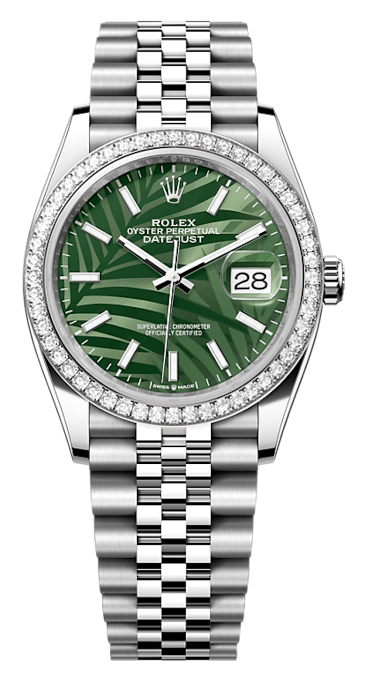 Rolex Datejust 36 White Rolesor Olive Green Palm Diamond Bezel Unisex Watch photo 1