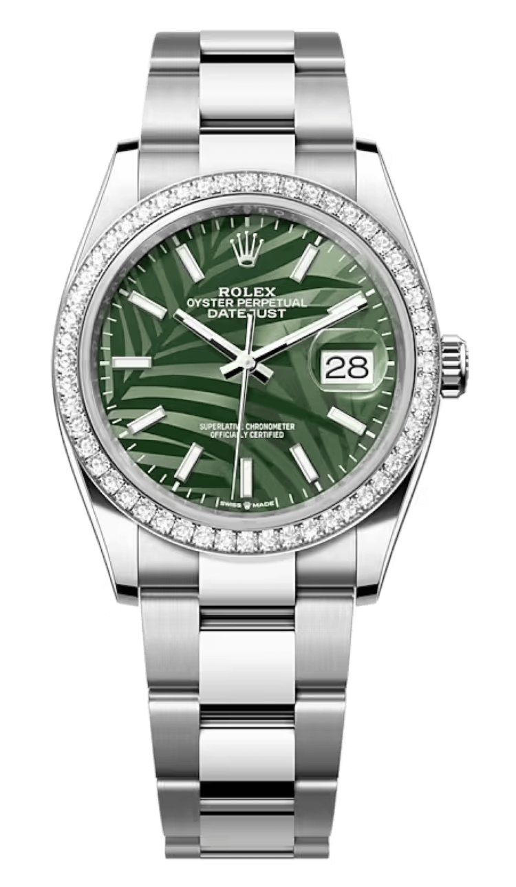 Rolex Datejust 36 White Rolesor Green Palm Diamond Bezel Oyster Unisex Watch photo 1