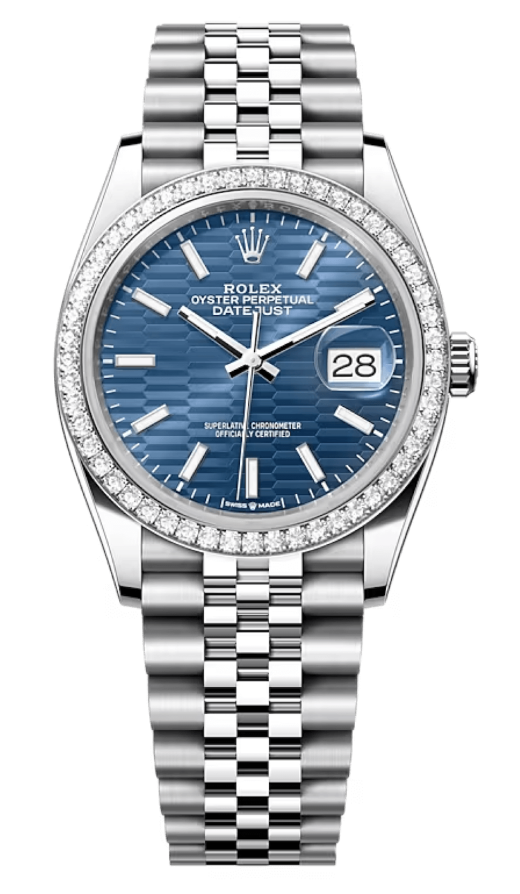 Rolex Datejust 36 White Rolesor Bright Blue Fluted Diamond Bezel Unisex Watch photo 1