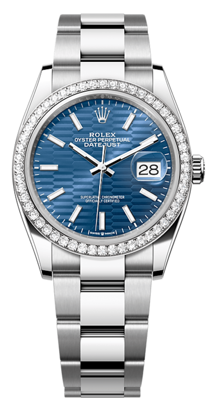Rolex Datejust 36 White Rolesor Blue Fluted Diamond Bezel Oyster Unisex Watch photo 1