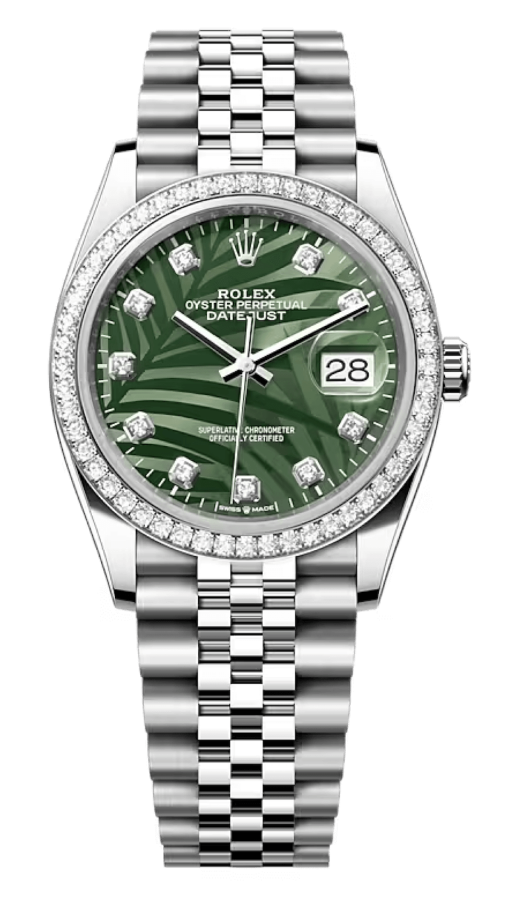 Rolex Datejust 36 White Rolesor Green Palm Diamond Bezel Unisex Watch photo 1