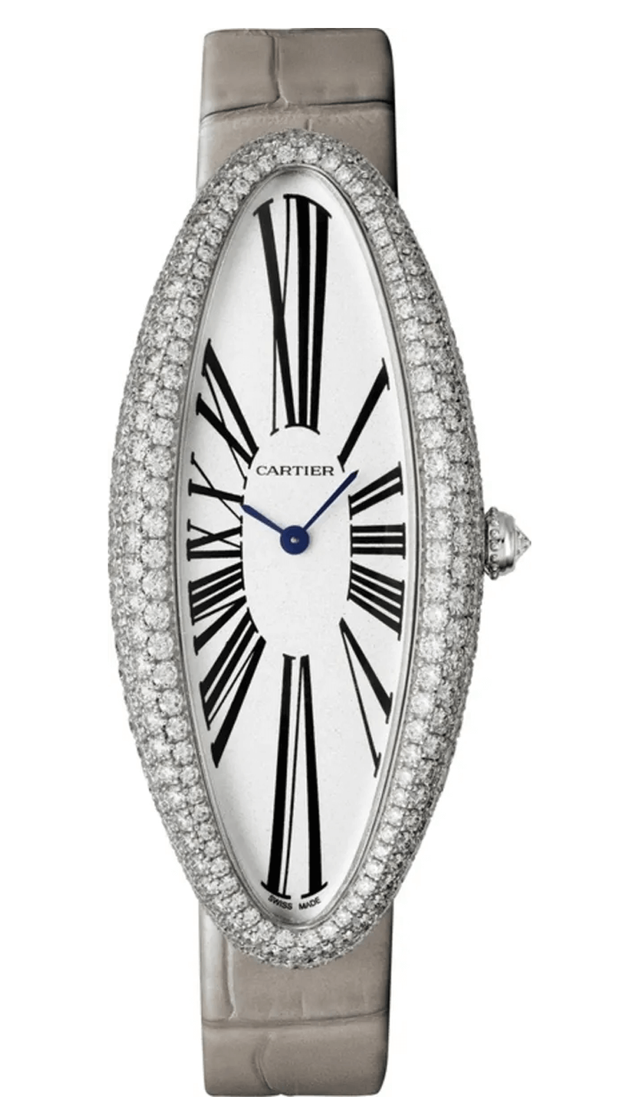 Cartier Baignoire Allongee XL White Gold Diamond Grey Alligator Ladies ...
