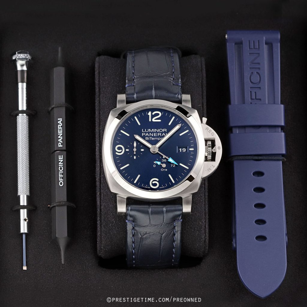 Panerai Luminor Bitempo Brushed Steel Blue Alligator Men s Watch PAM01361 buy at the best prices in Catalog of luxury wristwatches Swiss Watches for Sale