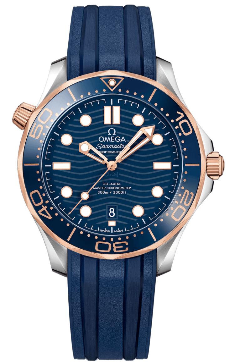 Omega Seamaster Diver 300M Co-Axial Master Chronometer 42mm Steel Sedna Gold Blue Rubber Men's Watch photo 1
