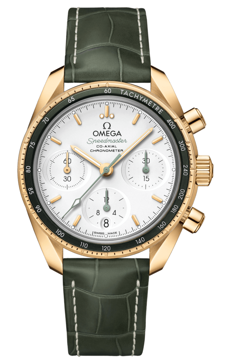 Omega Speedmaster 38 Co-Axial Chronometer Chronograph Yellow Gold Green Alligator Unisex Watch photo 1