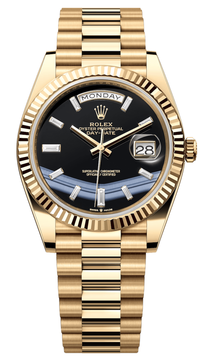 Rolex Day-Date 40 Yellow Gold Onyx Diamond Baguette President Men's Watch photo 1