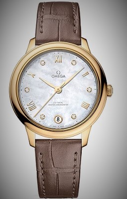 Omega De Ville Prestige 34mm Yellow Gold Taupe Strap Ladies Watch