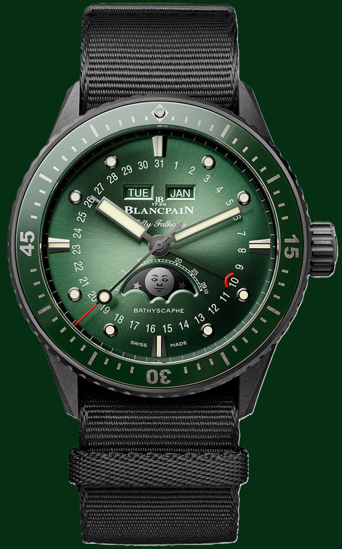Blancpain Fifty Fathoms Bathyscaphe Quantième Complet Phases de Lune Sunburst Green Dial Men’s Watch
