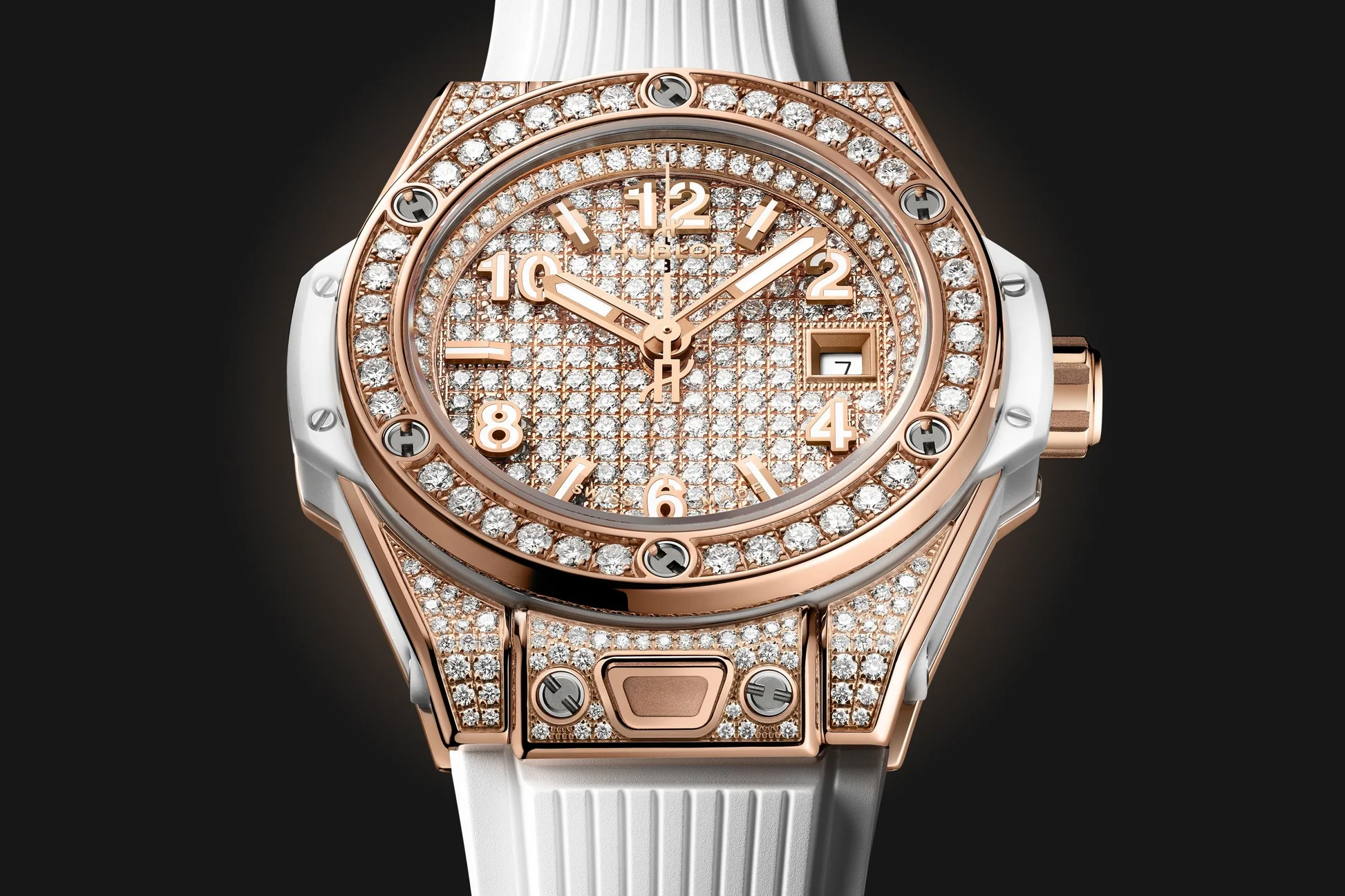 Hublot Big Bang One Click King Gold White Full Pave 33 mm Ladies Watch
